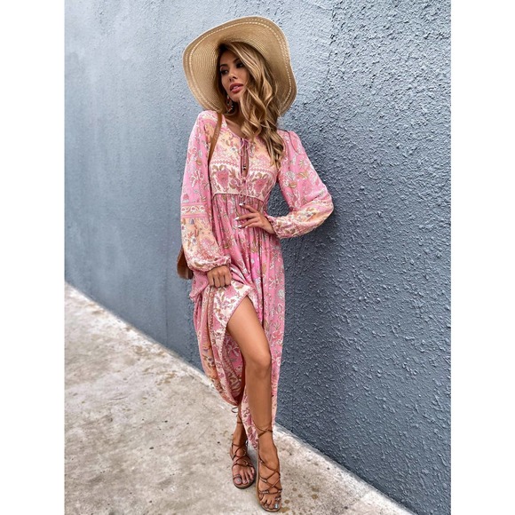 BohoGypsyDreamer.com Dresses & Skirts - Boho Floral Print Tie Neck long sleeve Smock Dress maxi pink